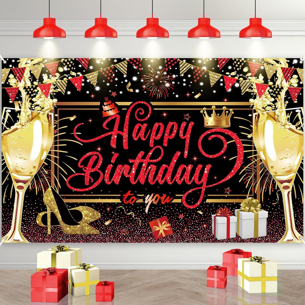 Red Black Gold Happy Birthday 70.8 inches x 43.3 inches, Banner