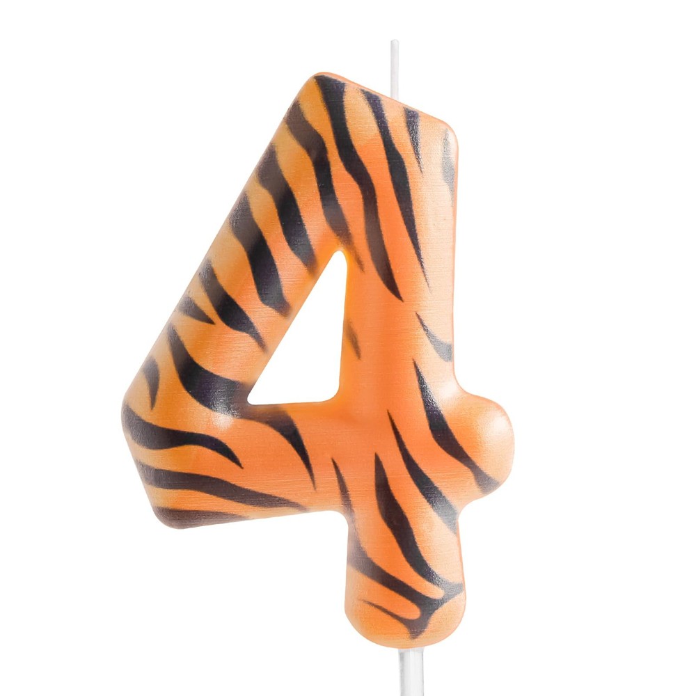 Zi Lan Tiger Stripe 4th Birthday Number Candle, Jungle Animal 4, Orange
