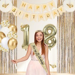 50Pcs 18th Birthday Party Decorations, Gold Sash, Crown, Banner & Fringe Curtain