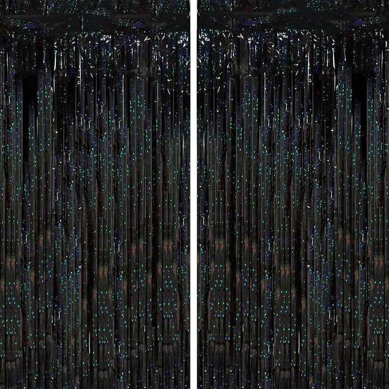 Black Foil Fringe Backdrop Curtains Set Tinsel Party Decorations 2 Pack Reusable