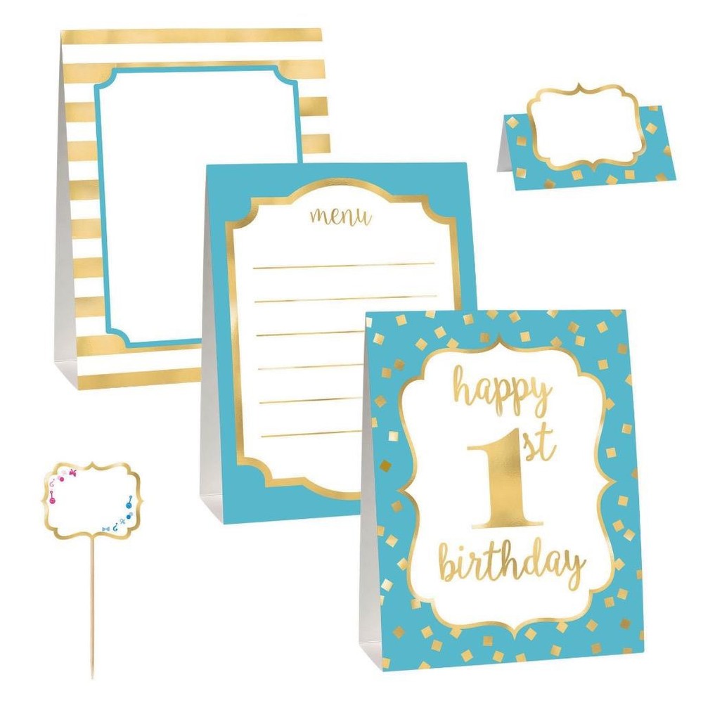 1st Birthday Buffet Decorating Kit Party Decorations Teal and Gold 12 Piece Set