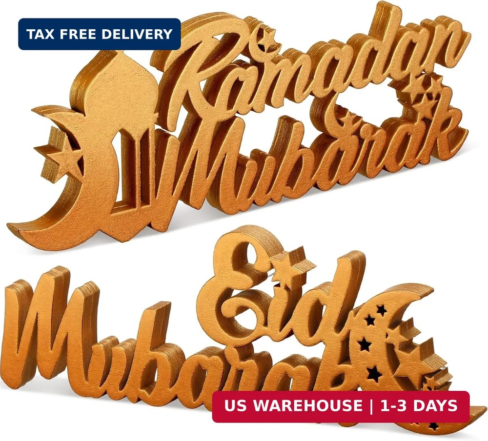 Yuntau 2 Pcs Ramadan Mubarak Wood Sign Eid Mubarak Wooden Table Centerpiece Rama