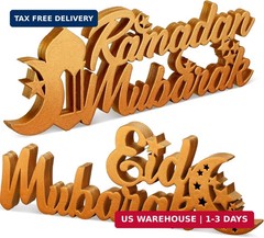 Yuntau 2 Pcs Ramadan Mubarak Wood Sign Eid Mubarak Wooden Table Centerpiece Rama