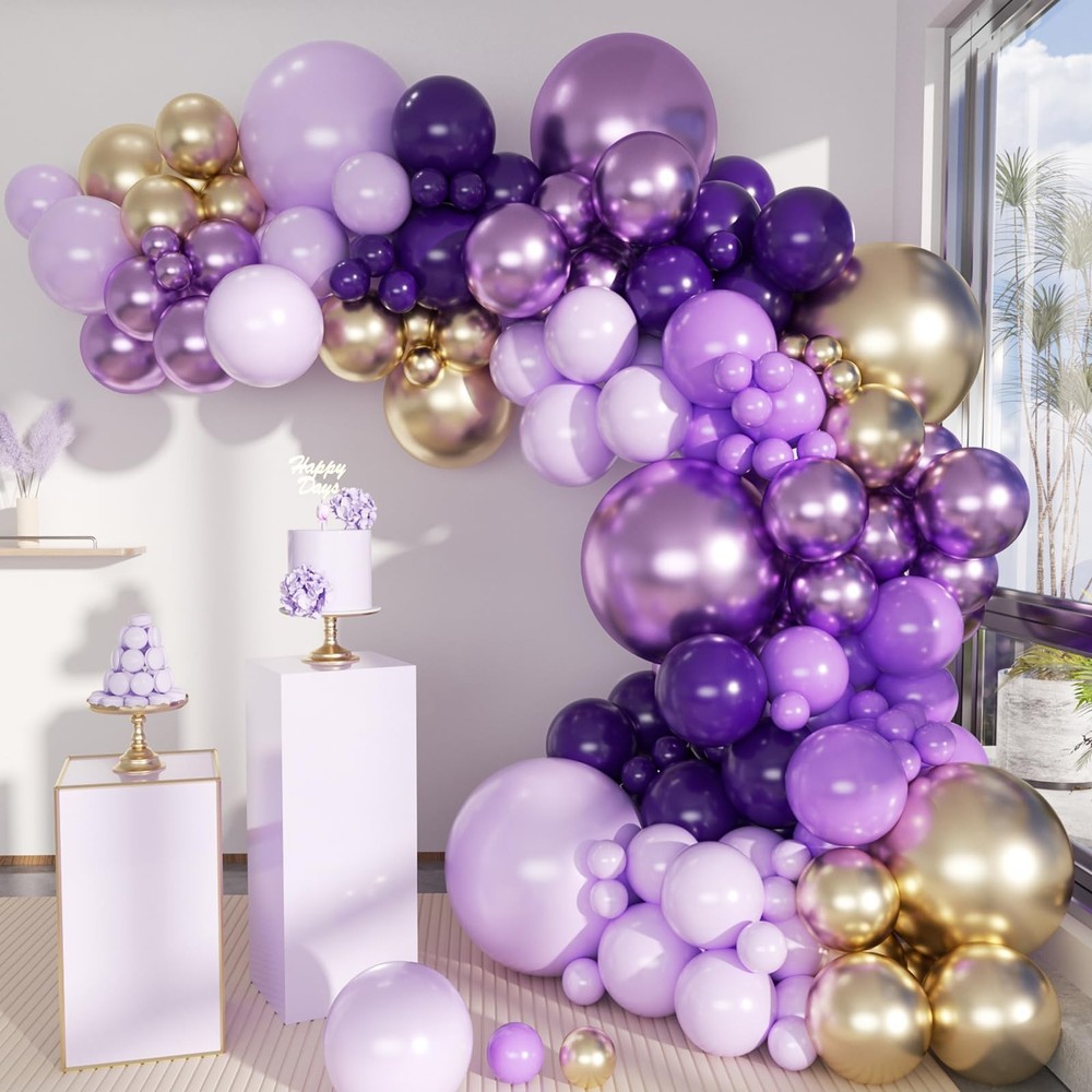 Grey Violet Maca Purple Gold Balloons Garland Arch Kit, 146Pcs Latex Balloons…