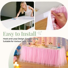 Partisky 14Ft Length Pink Tulle Table Skirt For Rectangle Tables 2-Layer Ruffle
