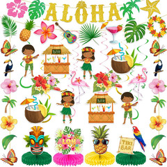 Luau Party Decorations Hawaiian Aloha Banner Hanging Swirls and Honeycomb Center