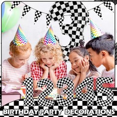 40 Inch Checkered 3 Balloons, Black and White Foil Number 3 Balloons for Race…