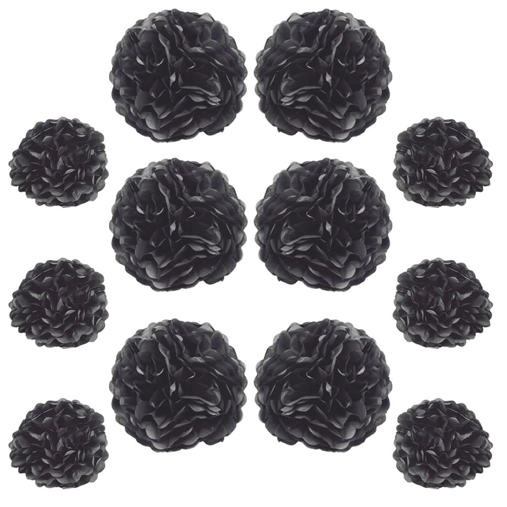 12 PCS Black Tissue Paper Pom Poms 10/12 Inch Hanging Flower Ball Decorations