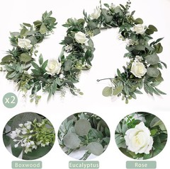 2 Pack Artificial Spring Eucalyptus Flower Garland with White Roses, 13Ft Fake