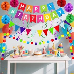 Happy Birthday Party Decoration Set Colorful Banner Honeycomb Balls Swirls