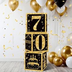 70th Birthday Decorations Boxes for Men- 3PCS Black Gold Happy 70th Birthday Bal