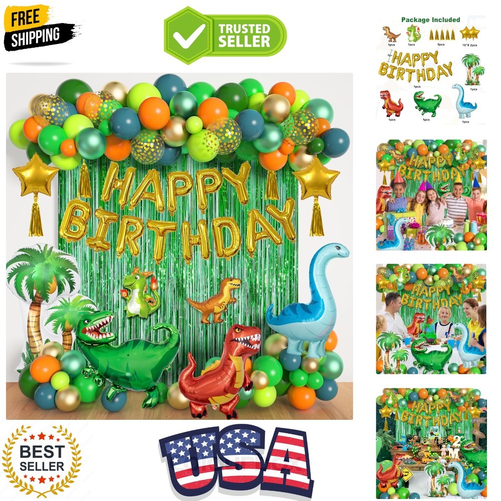 Dinosaur Birthday Party Decorations Supplies, 124Pcs Dinosaur Green Orange Bl…