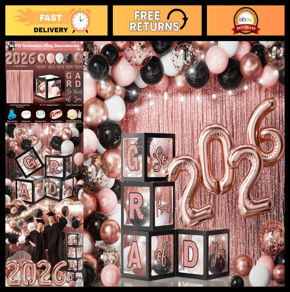 2026 Graduation Party Decorations Set – 86 PCS LED Lights, Balloons, Backdrop, F