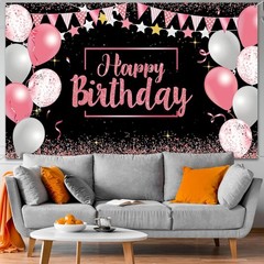 Chic Pink and Black Glitter Birthday Decoration Banner – Large Size 72.8×43.3
