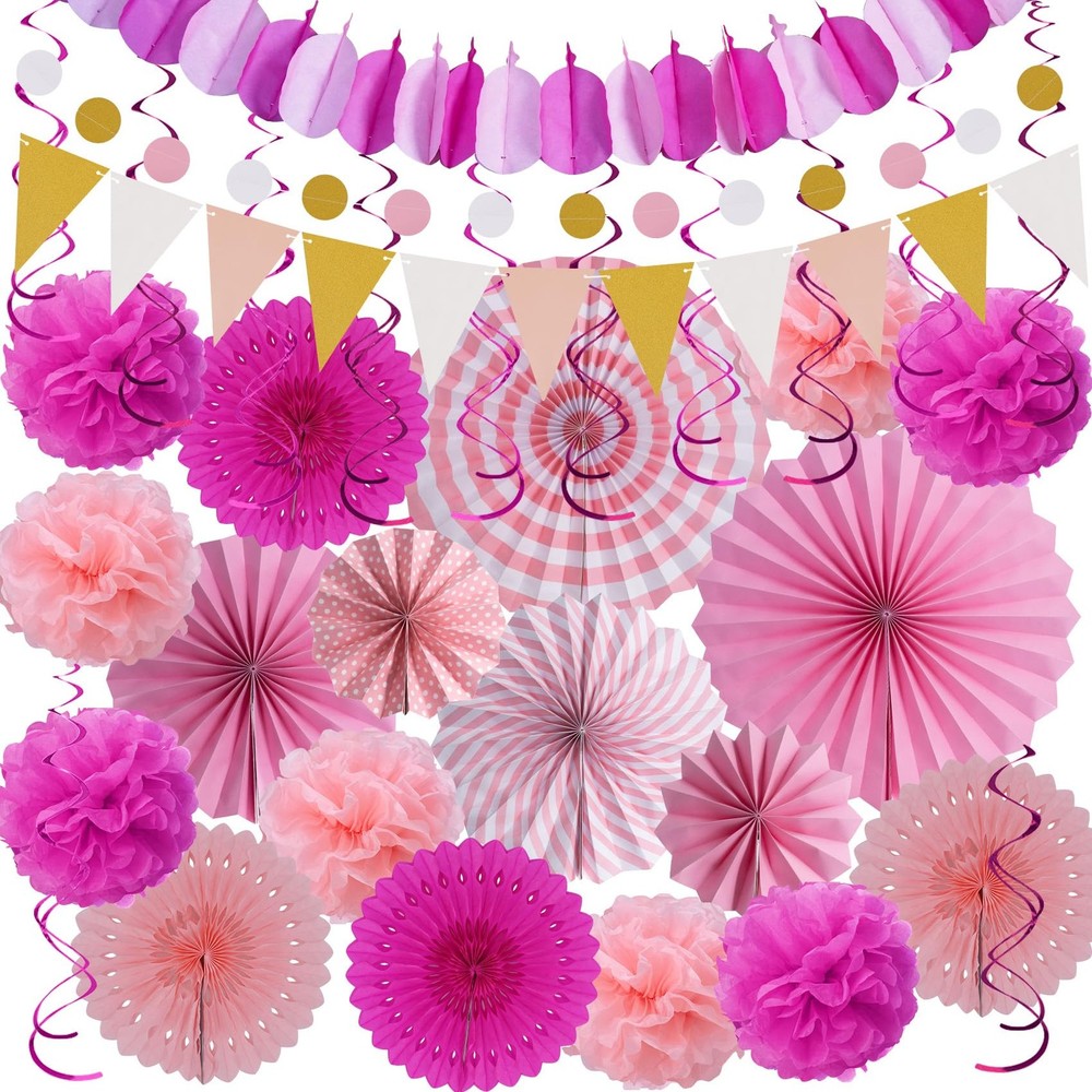 Pink Party Decorations 33 PCS Hanging Paper Fans Rainbow Pom Poms