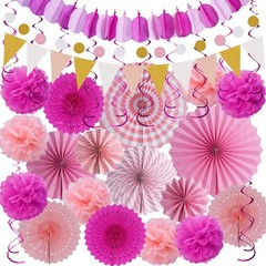 Pink Party Decorations 33 PCS Hanging Paper Fans Rainbow Pom Poms