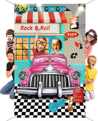 50s Rock and Roll Party Backdrop Pink Car Banner 5.3×3.3ft Photo Booth Decor XXL
