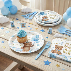 96 Pcs Baby Shower Party Decorations Tableware Set, Blue Bear Disposable Dessert