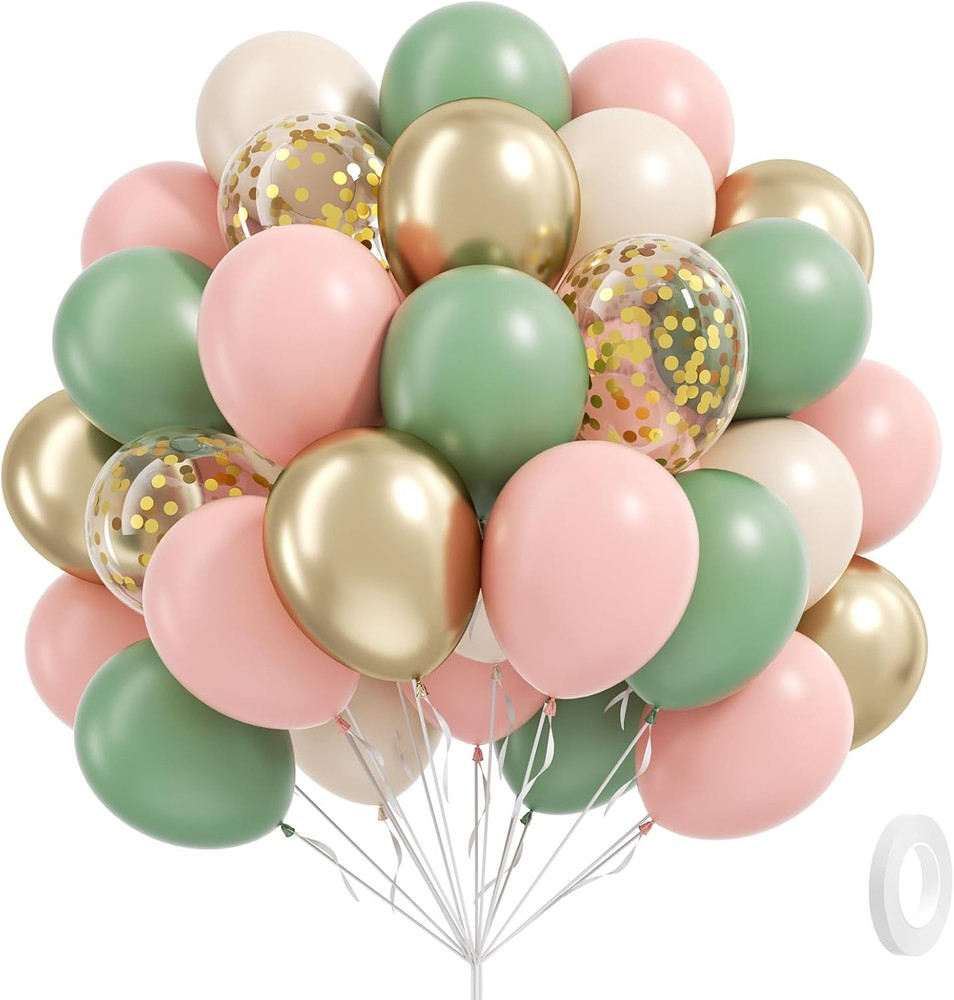 60Pcs Pink and Green Balloons 12Inch with Sage Green Light Pink Sand White Metal