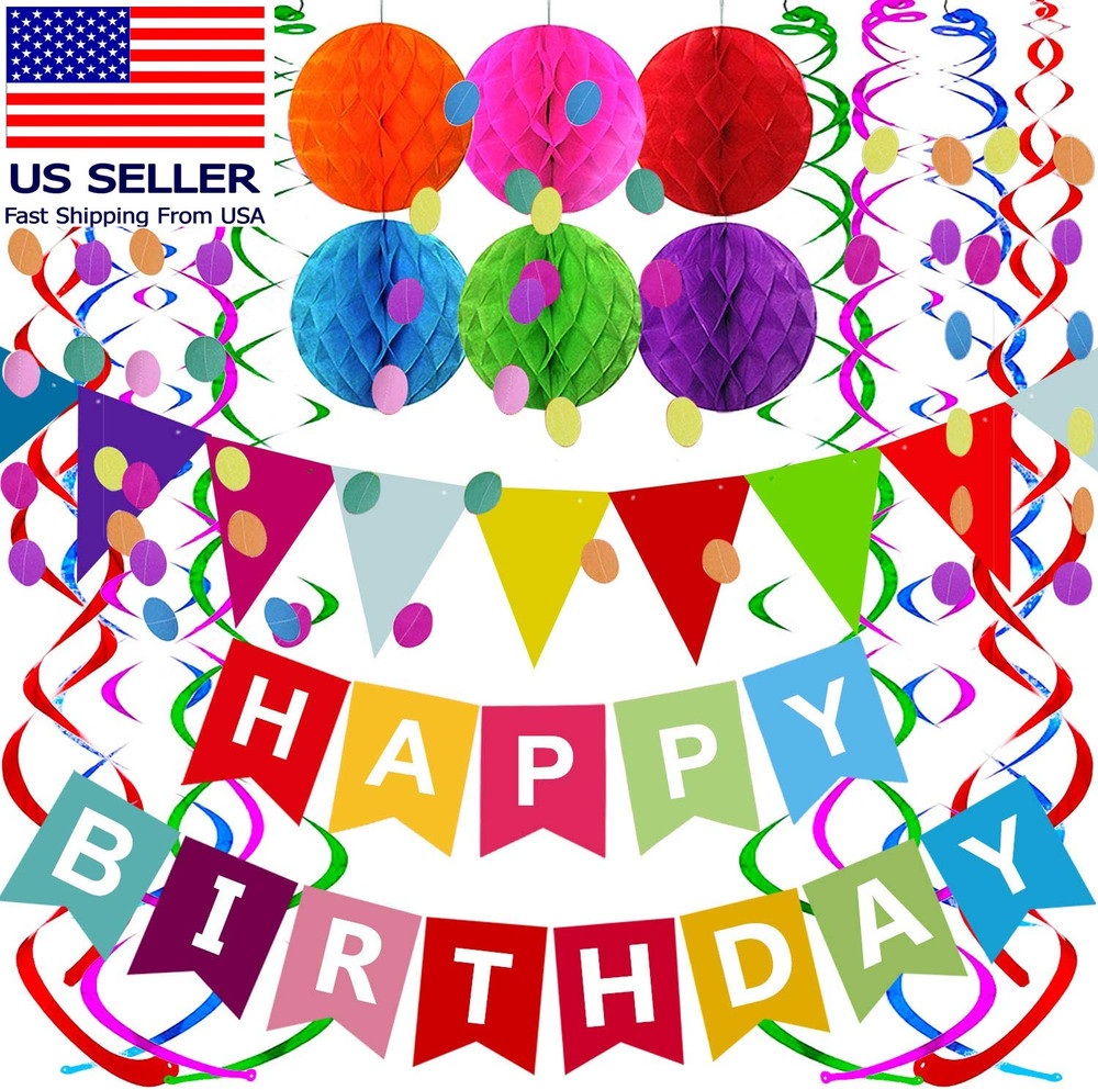 Happy Birthday Banner with Colorful Paper Flag Bunting Paper Circle Confetti Gar