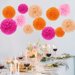 16 PCS Hot Pink Orange Party Decorations Tissue Paper Flowers Pom Poms Decora…