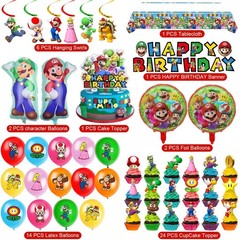 Mario Theme Birthday Party Supplies Set – Banner, Balloons, Tablecloth & Toppers