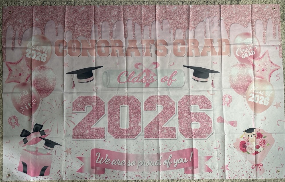 Congrats Grad Class of 2026 Graduation Party Backdrop Banner, Pink White Black