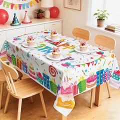 Birthday Table Cloth Rectangle Happy Birthday Gift Cake Washable Wipeable Polyes