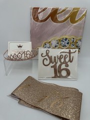 Sweet Sixteen Birthday Decor, Banner, Cake Topper, Sash, Crown Pink