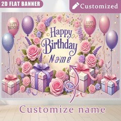 1pc 2D Personalized Happy Birthday Banner Custom Name Age Floral Balloon Party❀