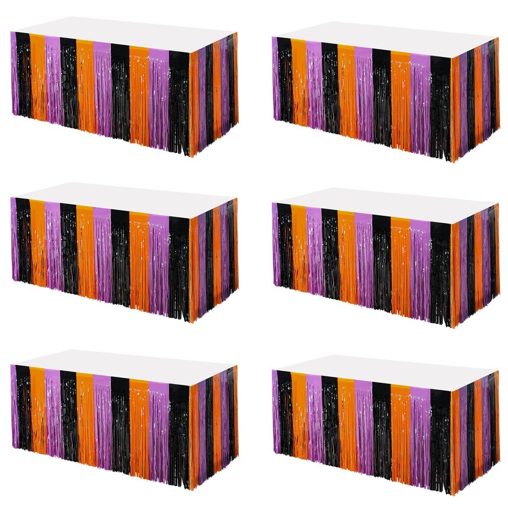 6Pk Metallic Foil Fringe Tinsel Table Skirts Orange Black Purple Halloween Decor
