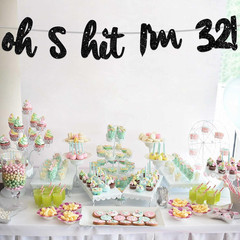 Oh I’M 32! Banner Backdrop Glitter Black Hallo Thirty Two Cheers to 32 Years Old