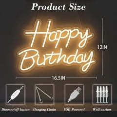 Happy Birthday Neon Sign for Backdrop, LED Happy Birthday Light up Sign, USB