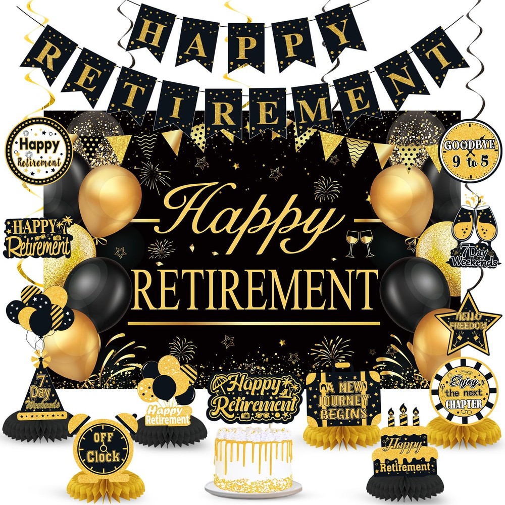 Retirement Party Decorations for Men Women Black Gold Happy Retirement Banner…
