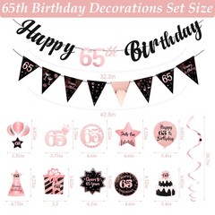 65th Birthday Decorations for Women Rose Gold Banner & Hanging Swirls