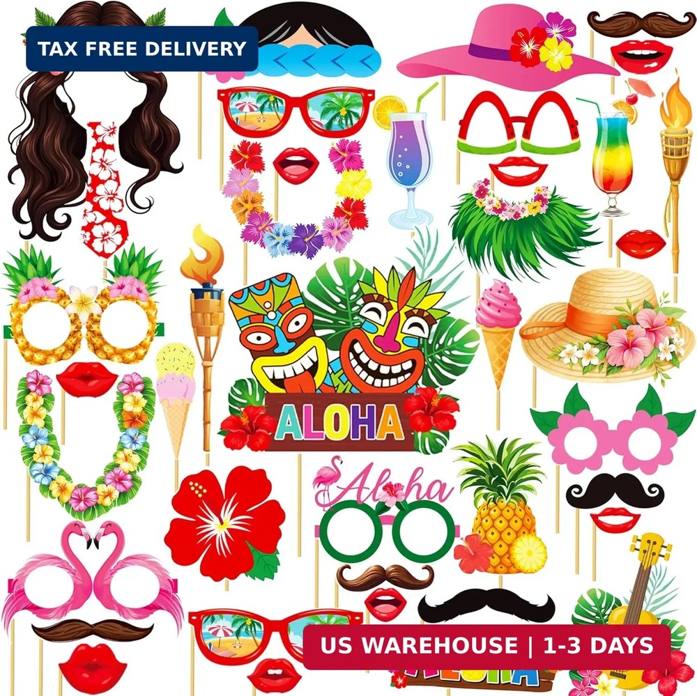 48pcs Hawaii Luau Party Photo Booth Props Hawaiian Luau Party Decorations Tropic