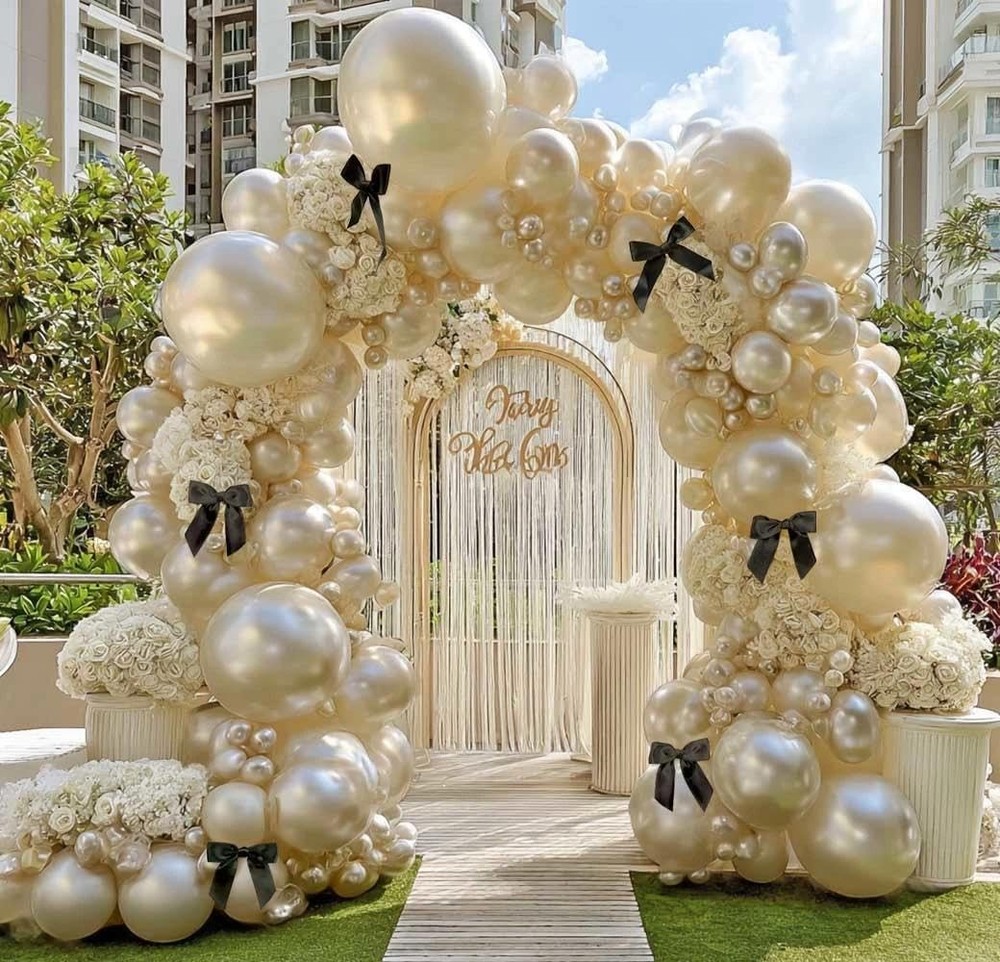 Pearl Sand White Balloon Arch Kit with Black Bow Double Pearl Cream Ivory Bei…