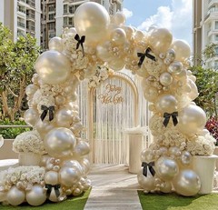 Pearl Sand White Balloon Arch Kit with Black Bow Double Pearl Cream Ivory Bei…
