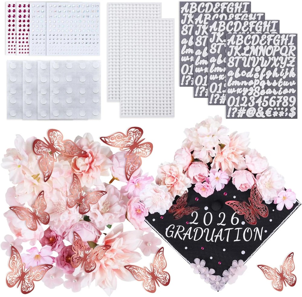 Graduation Cap Decorations Kit, 18PCS Artificial Silk Flowers with 3D Gold Butte