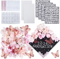 Graduation Cap Decorations Kit, 18PCS Artificial Silk Flowers with 3D Gold Butte
