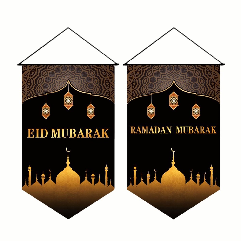 KYMY 2pcs Ramadan Eid Mubarak Hanging Canvas Signs with 20X11.8, Ramadan Eid …