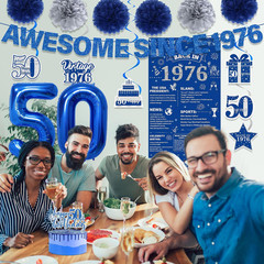 50Th Birthday Decorations Men Kit – 16 Pcs Blue Sliver Awesome since 1976 Banner