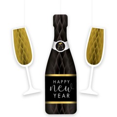 Champage Bottle and Glasses 3 Pc Honeycomb Hanging Decor New Years Eve