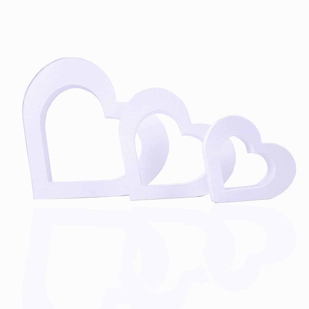 3 PCS White Wooden Heart Centerpiece Heart Shape Sign for Table Fireplace Whi…