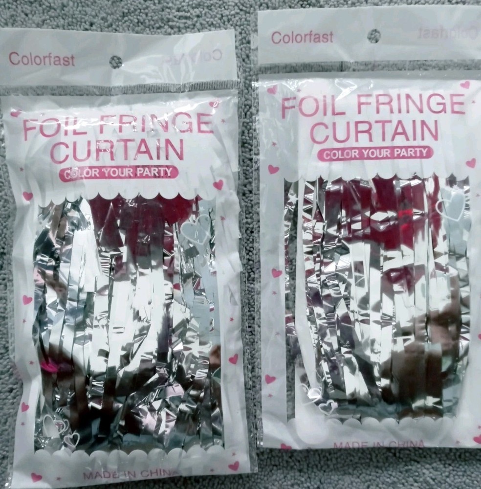 lot 2 COLORFAST Silver Foil Fringe Curtains 3 ft x 6 ft Wedding Party Backdrop
