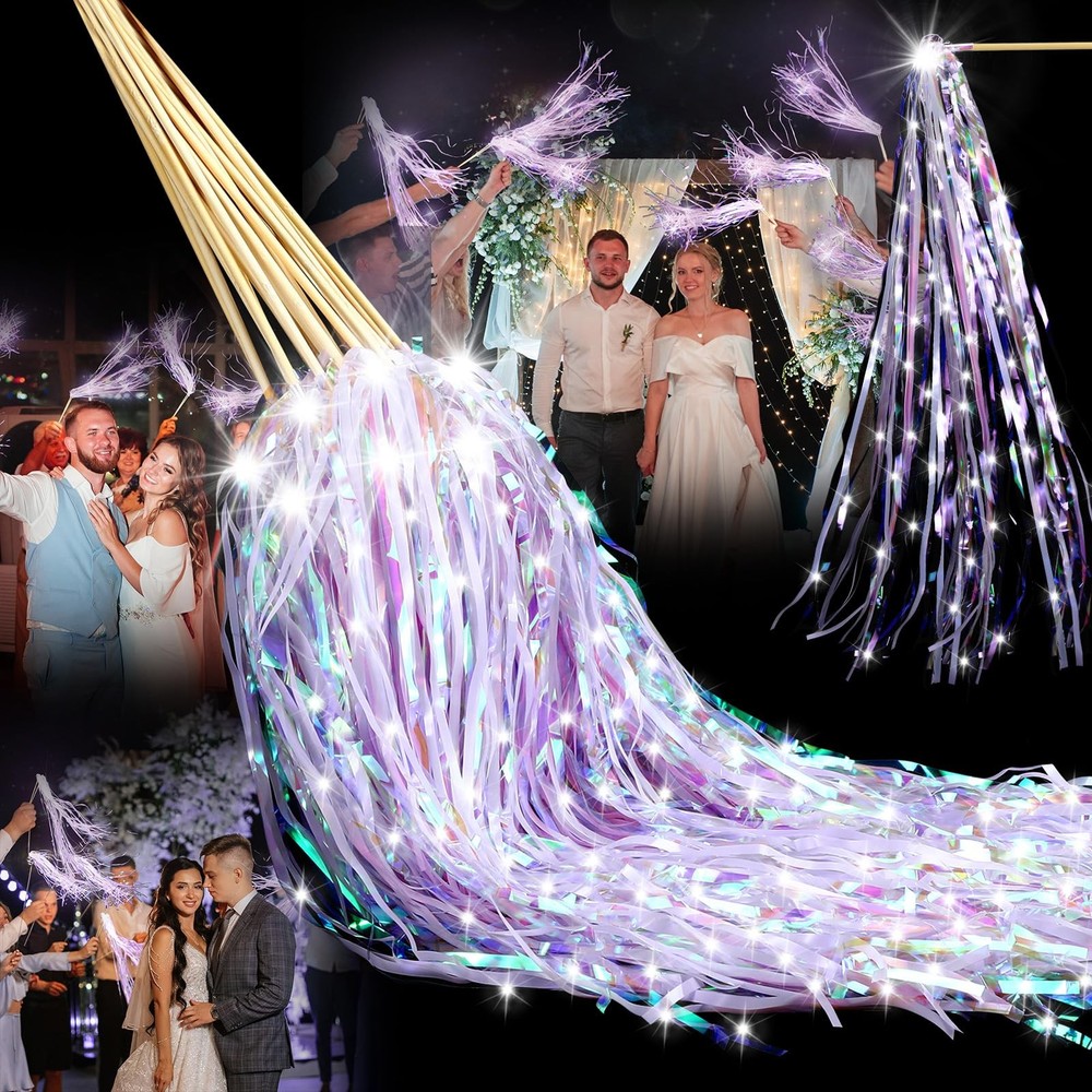 Simgoing 24 Pcs Lighted Wedding Wands LED Tinsel Light up Purple