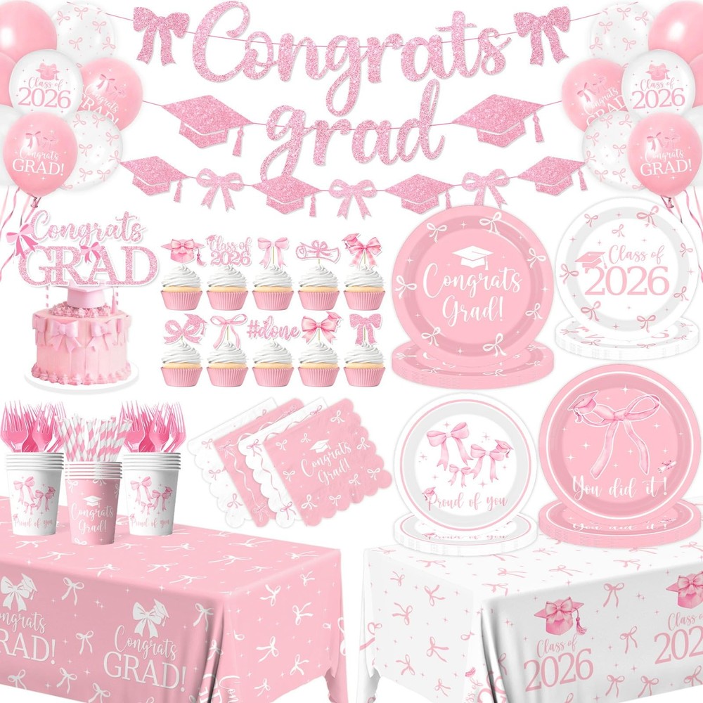 24 Pcs 2026 Grad Party Supplies Pink Bow Class Of 2026 Party Decoration Set