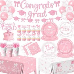 24 Pcs 2026 Grad Party Supplies Pink Bow Class Of 2026 Party Decoration Set