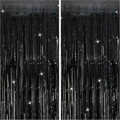Elegant Black Tinsel Curtain Backdrop – 2 Pack for Party & Wedding Decor