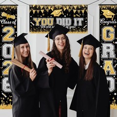 Graduation Decorations Class of 2026 Graduation Banner 3 Pieces Set Black Gold C